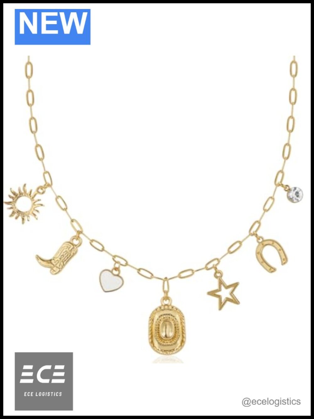 Chunky Paperclip Statement Necklace Heart Star Horseshoe CZ Gold Tone